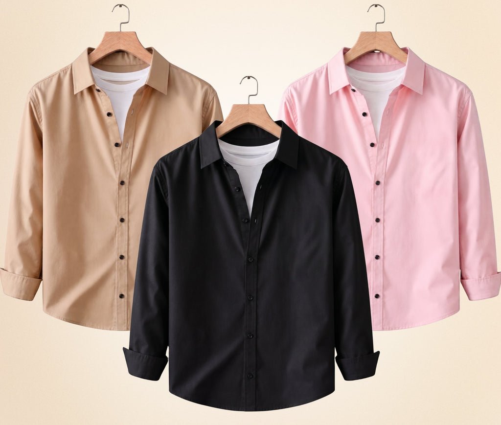 Roovam Men's Casual Shirts – Black, Sand Beige and Peach Pink | Pack of 3