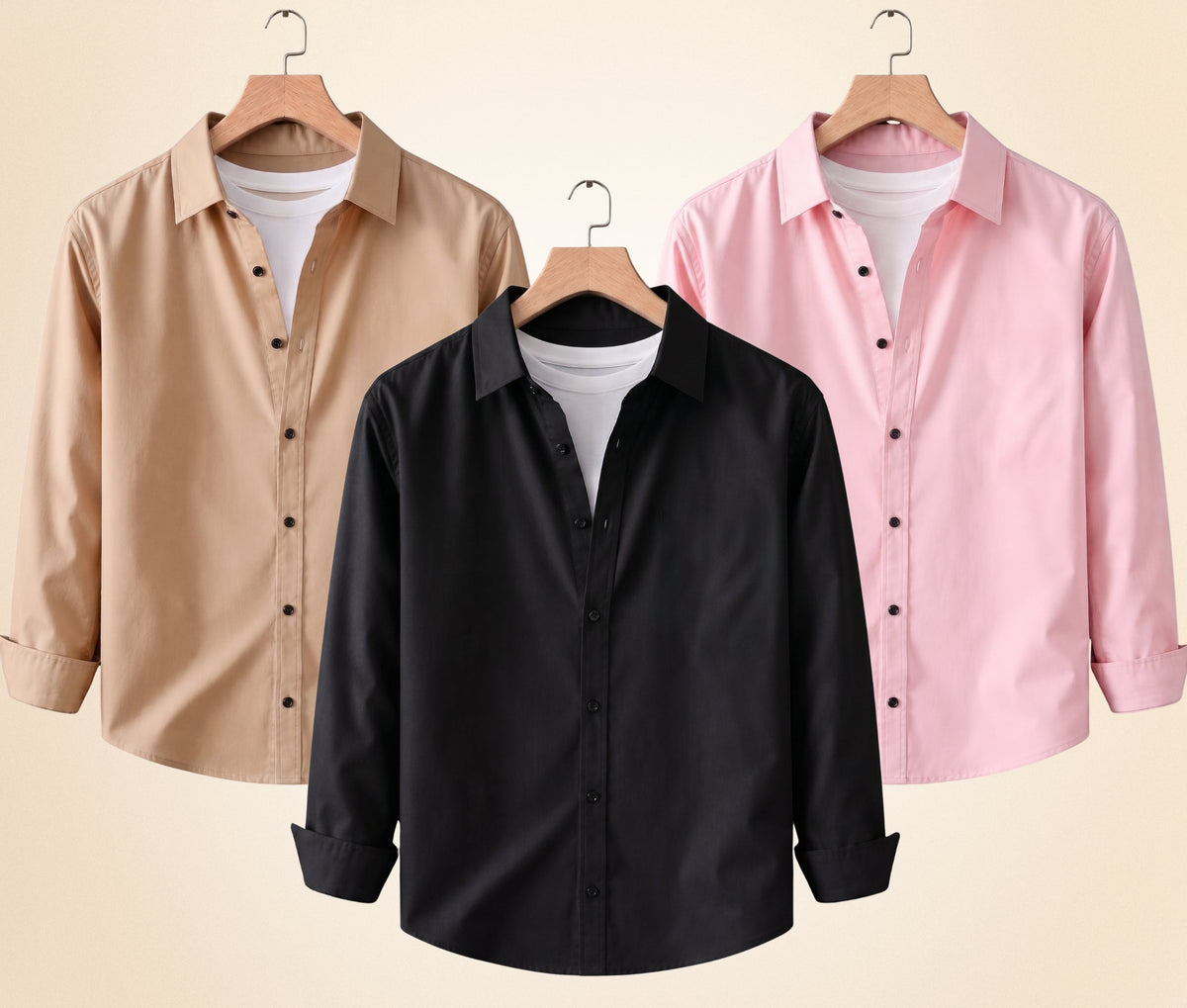 Roovam Men's Casual Shirts – Black, Sand Beige and Peach Pink | Pack of 3