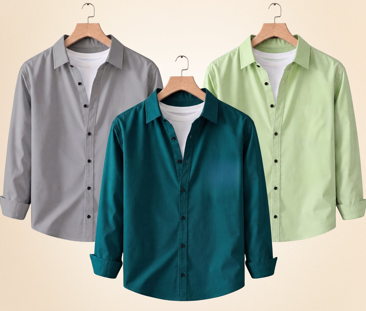 Roovam Men's Casual Shirts – Grey, Pista and Teal Green | Pack of 3