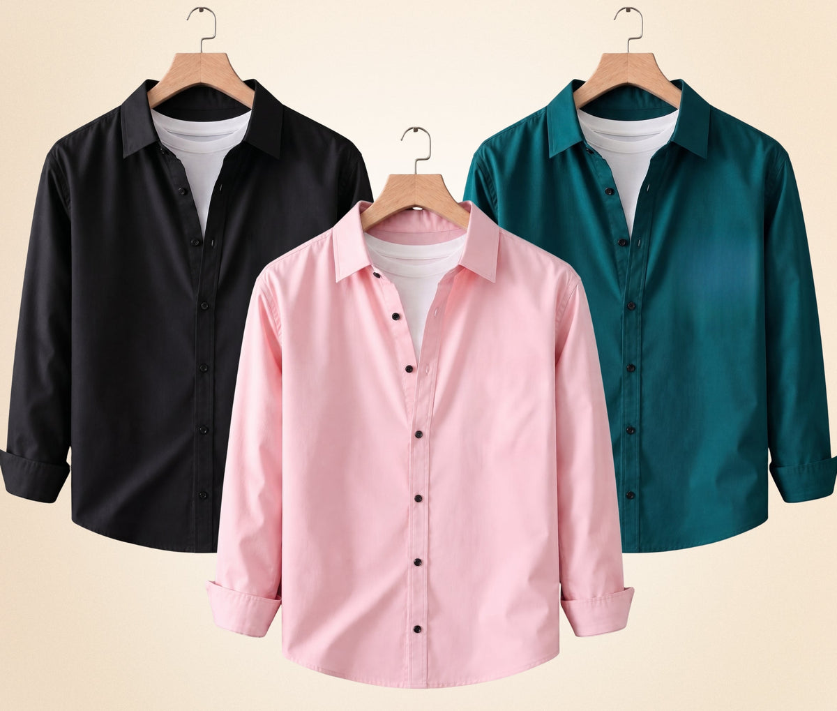 Roovam Men's Casual Shirts – Black, Peach Pink and Teal Green | Pack of 3