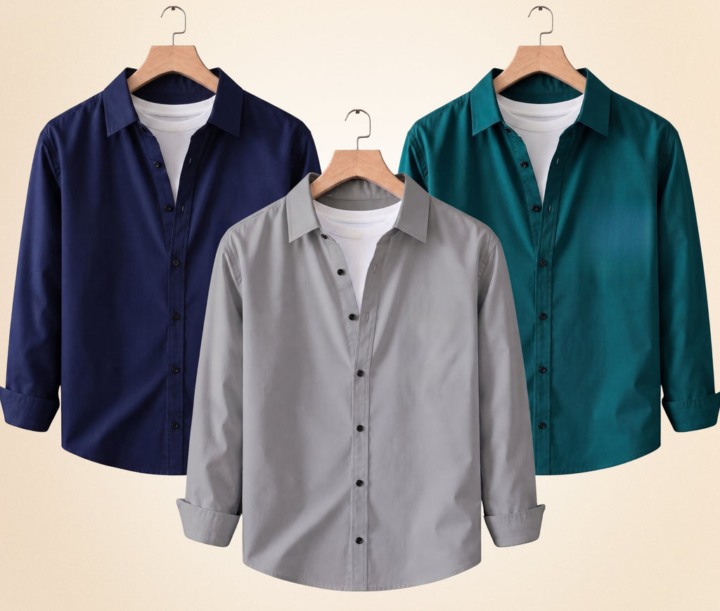 Roovam Men's Casual Shirts – Grey, Navy Blue and Teal Green | Pack of 3