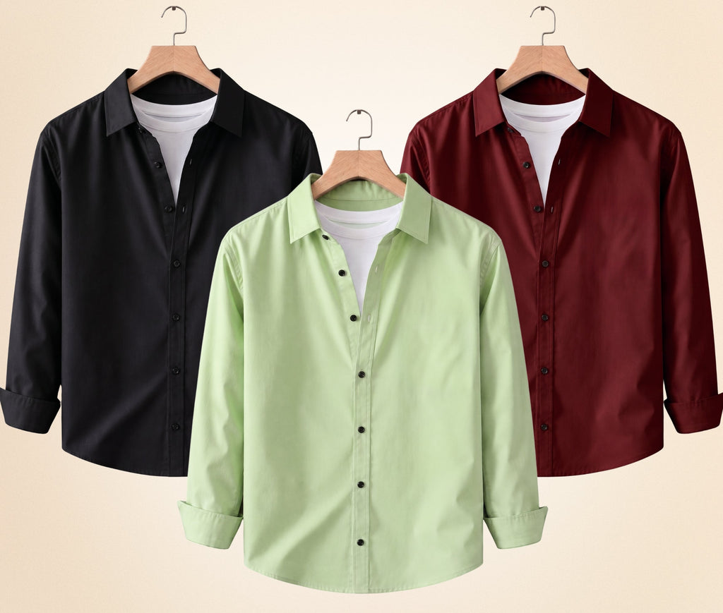 Roovam Men's Casual Shirts – Black, Burgundy and Pista | Pack of 3