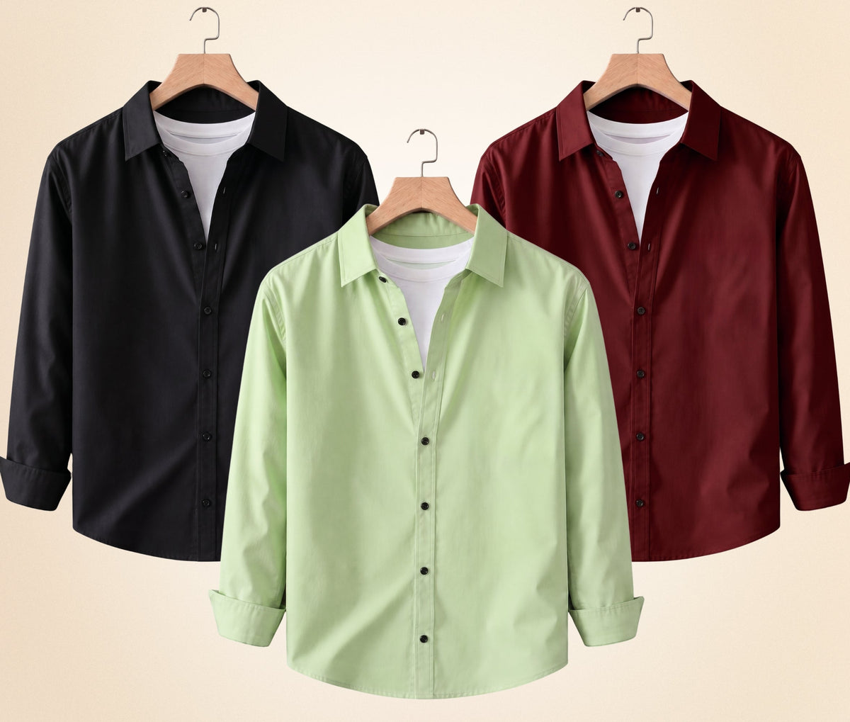 Roovam Men's Casual Shirts – Black, Burgundy and Pista | Pack of 3