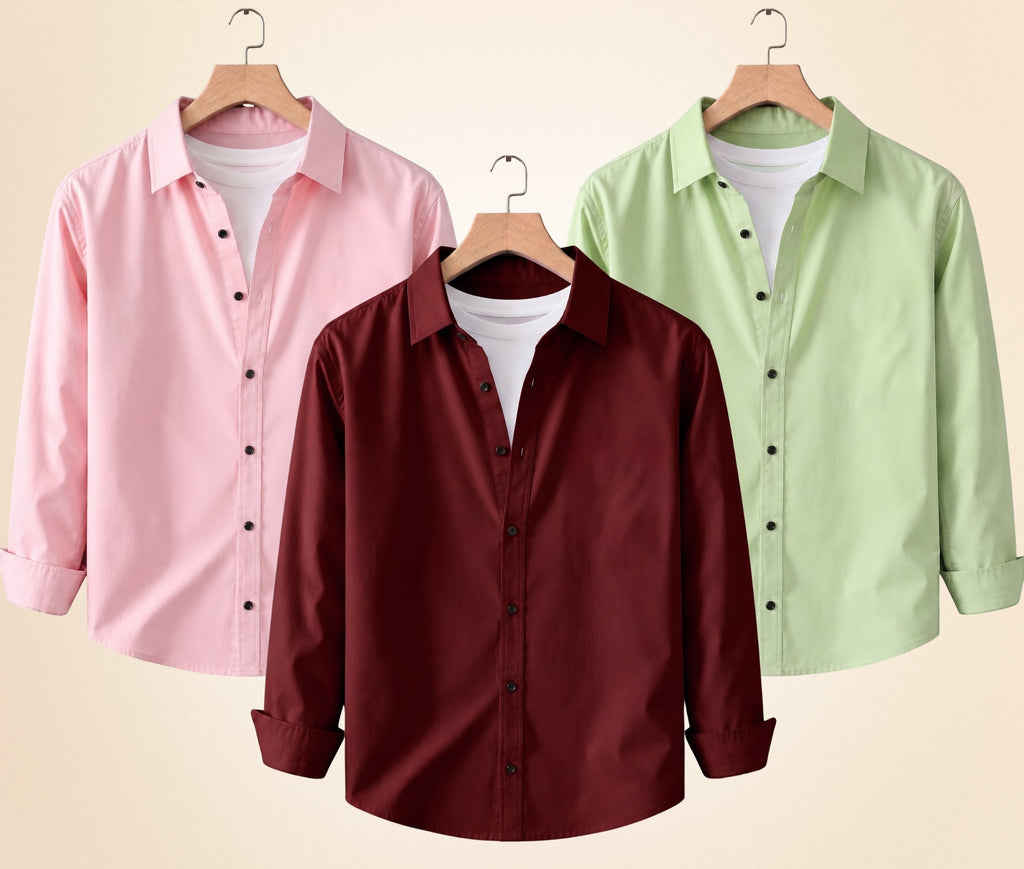 Roovam Men's Casual Shirts – Burgundy, Peach Pink and Pista | Pack of 3