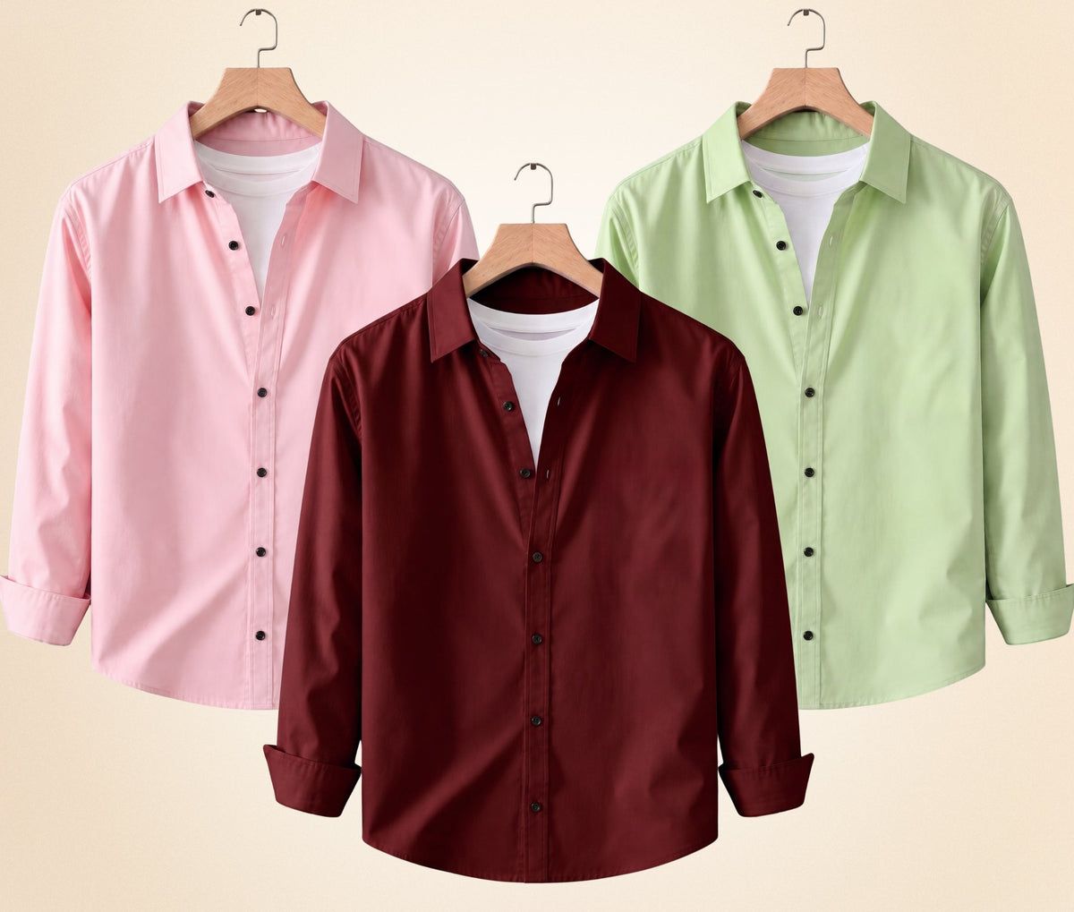 Roovam Men's Casual Shirts – Burgundy, Peach Pink and Pista | Pack of 3