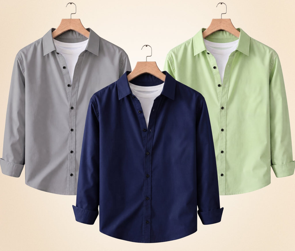 Roovam Men's Casual Shirts – Grey, Navy Blue and Pista | Pack of 3
