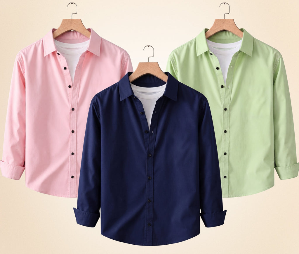 Roovam Men's Casual Shirts – Navy Blue, Peach Pink and Pista | Pack of 3
