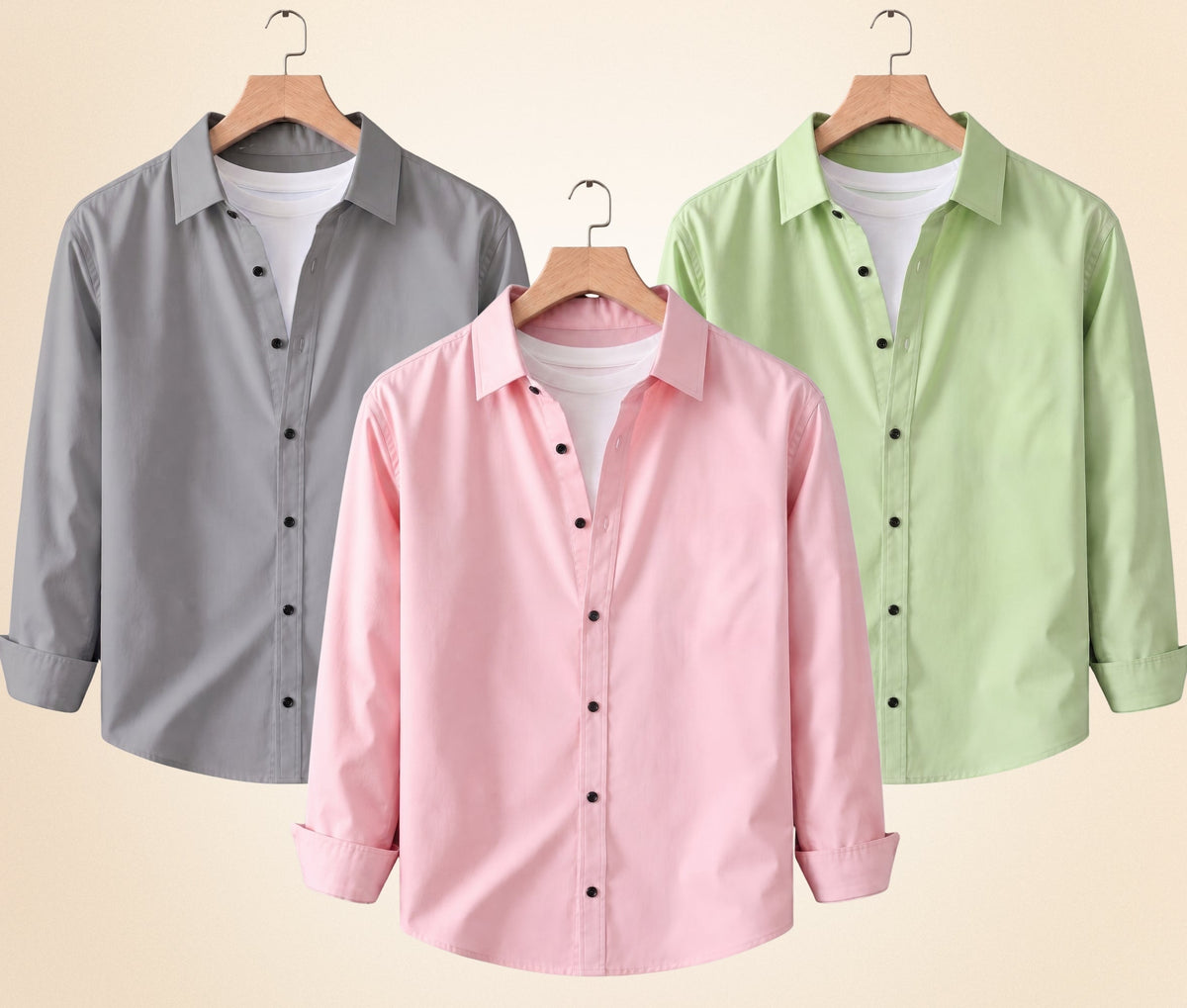 Roovam Men's Casual Shirts – Grey, Peach Pink and Pista | Pack of 3