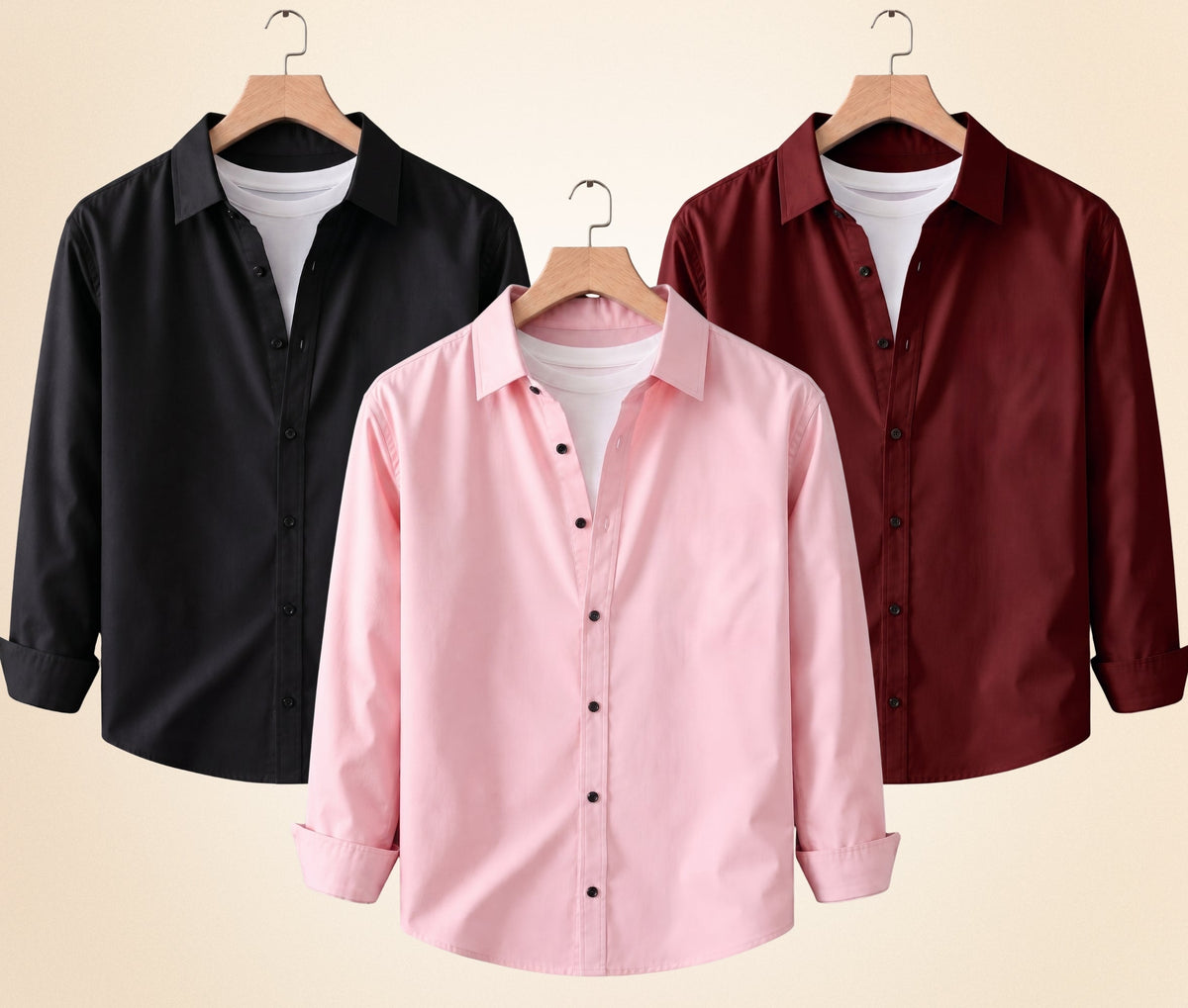 Roovam Men's Casual Shirts – Black, Burgundy and Peach Pink | Pack of 3