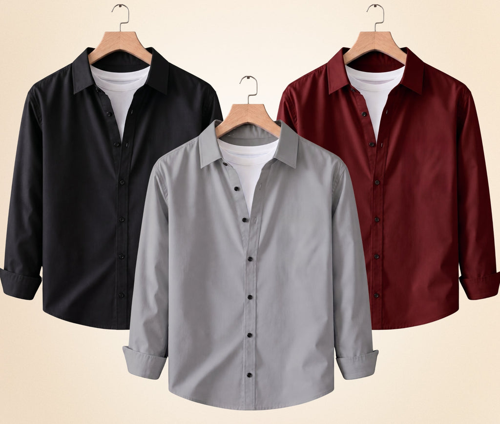 Roovam Men's Casual Shirts – Black, Grey and Burgundy | Pack of 3