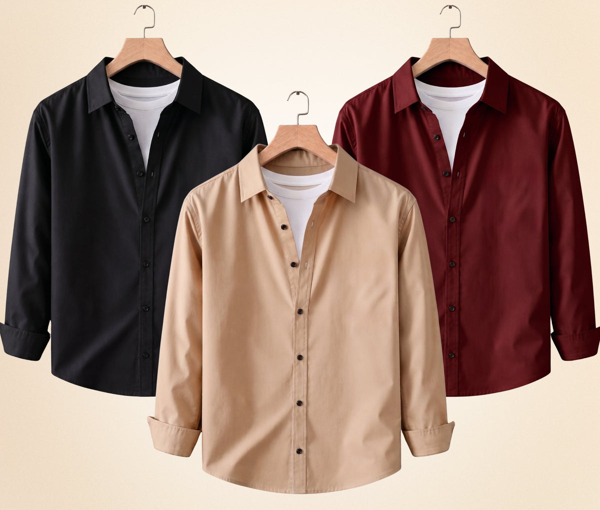 Roovam Men's Casual Shirts – Black, Sand Beige and Burgundy | Pack of 3