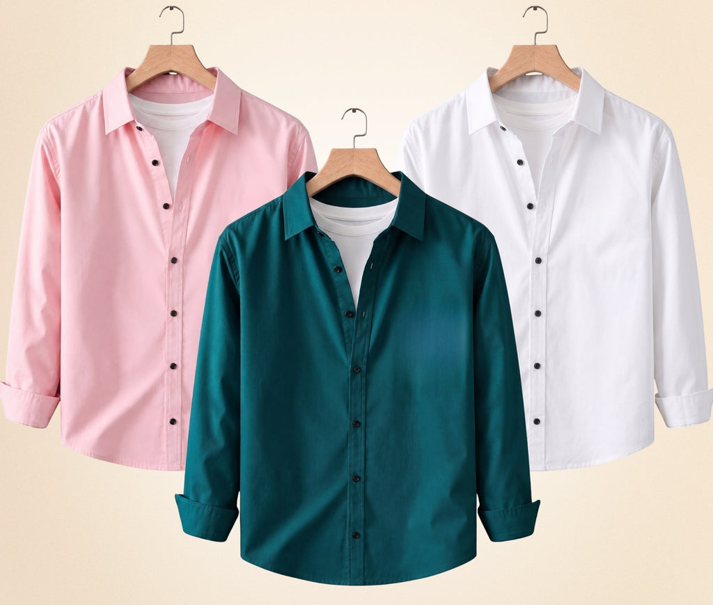 Roovam Men's Casual Shirts – Peach Pink, Teal Green and White | Pack of 3