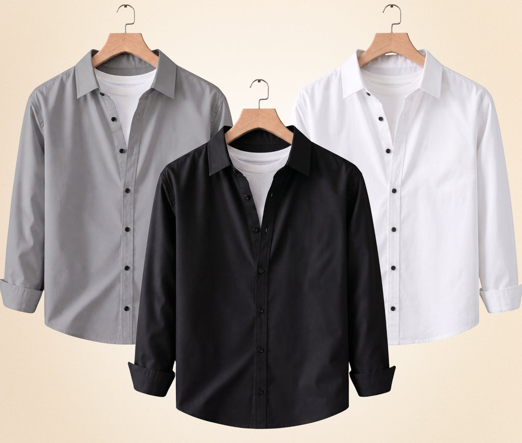 Roovam Men's Casual Shirts – Black, Grey and White | Pack of 3