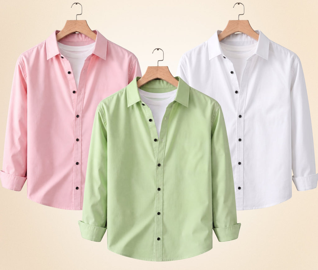Roovam Men's Casual Shirts – Peach Pink, Pista and White | Pack of 3