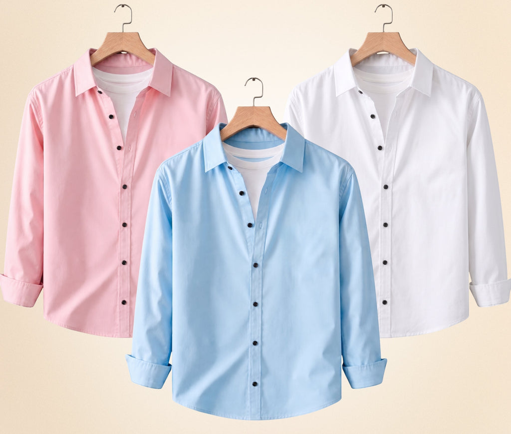 Roovam Men's Casual Shirts – Peach Pink, Sky Blue and White | Pack of 3