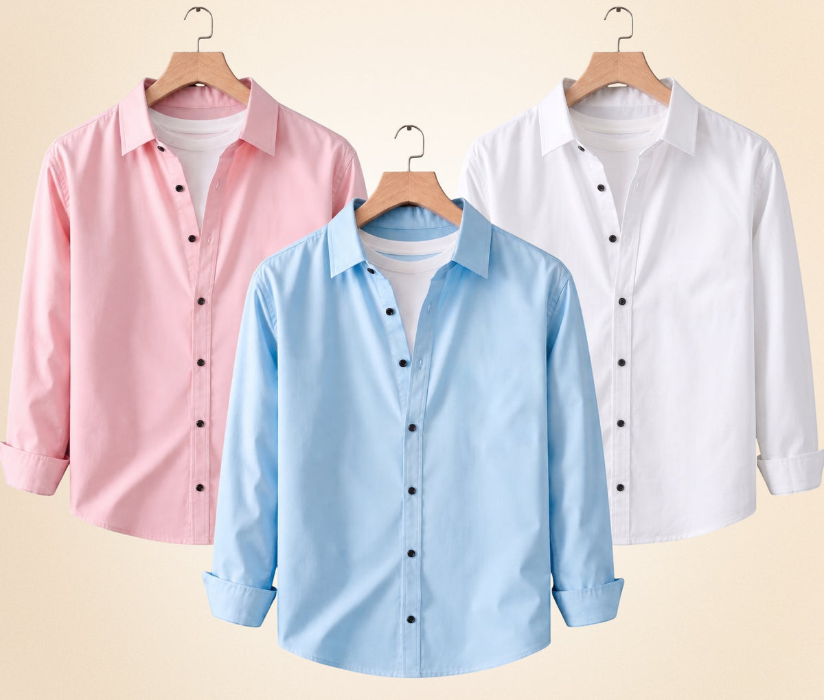 Roovam Men's Casual Shirts – Peach Pink, Sky Blue and White | Pack of 3