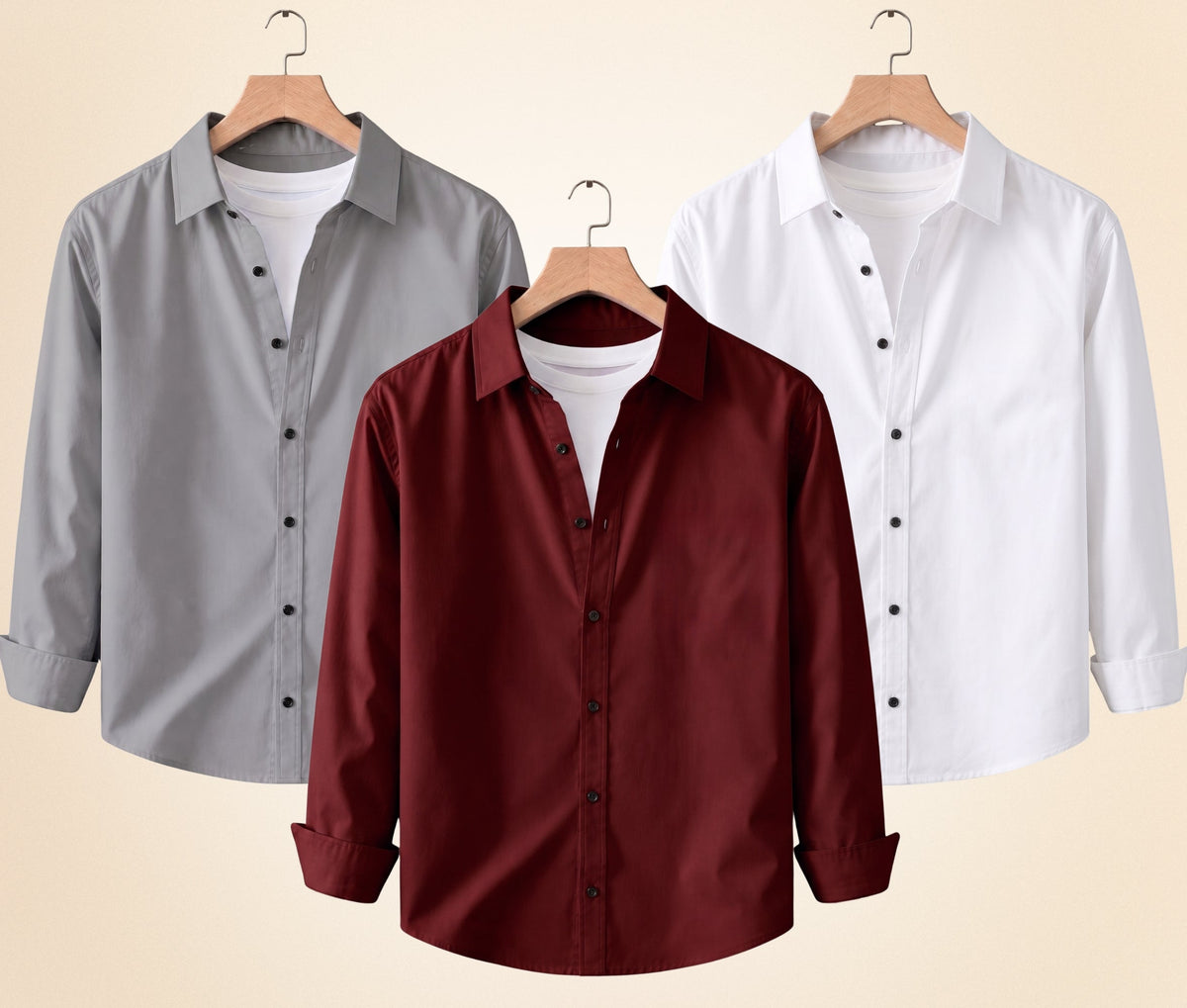 Roovam Men's Casual Shirts – Grey, Burgundy and White | Pack of 3