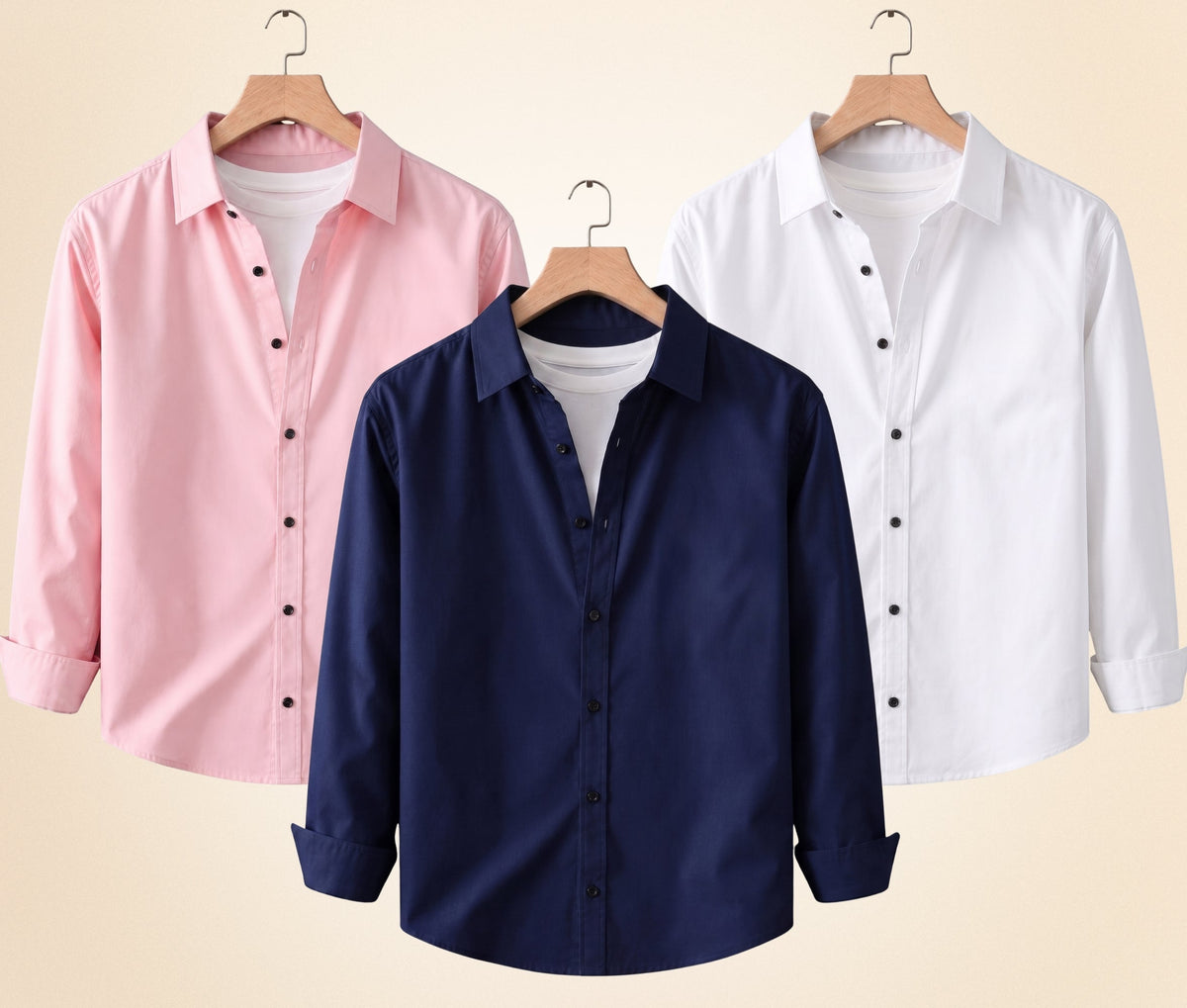 Roovam Men's Casual Shirts – Navy Blue, Peach Pink and White | Pack of 3