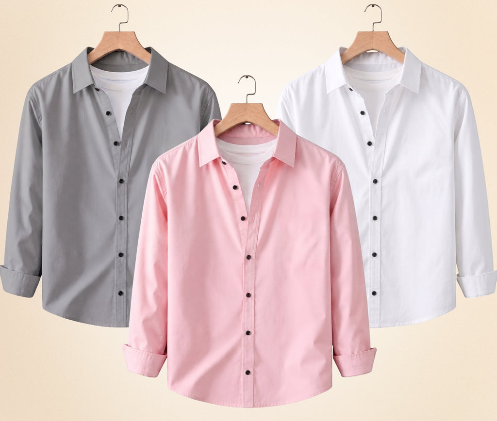 Roovam Men's Casual Shirts – Grey, Peach Pink and White | Pack of 3