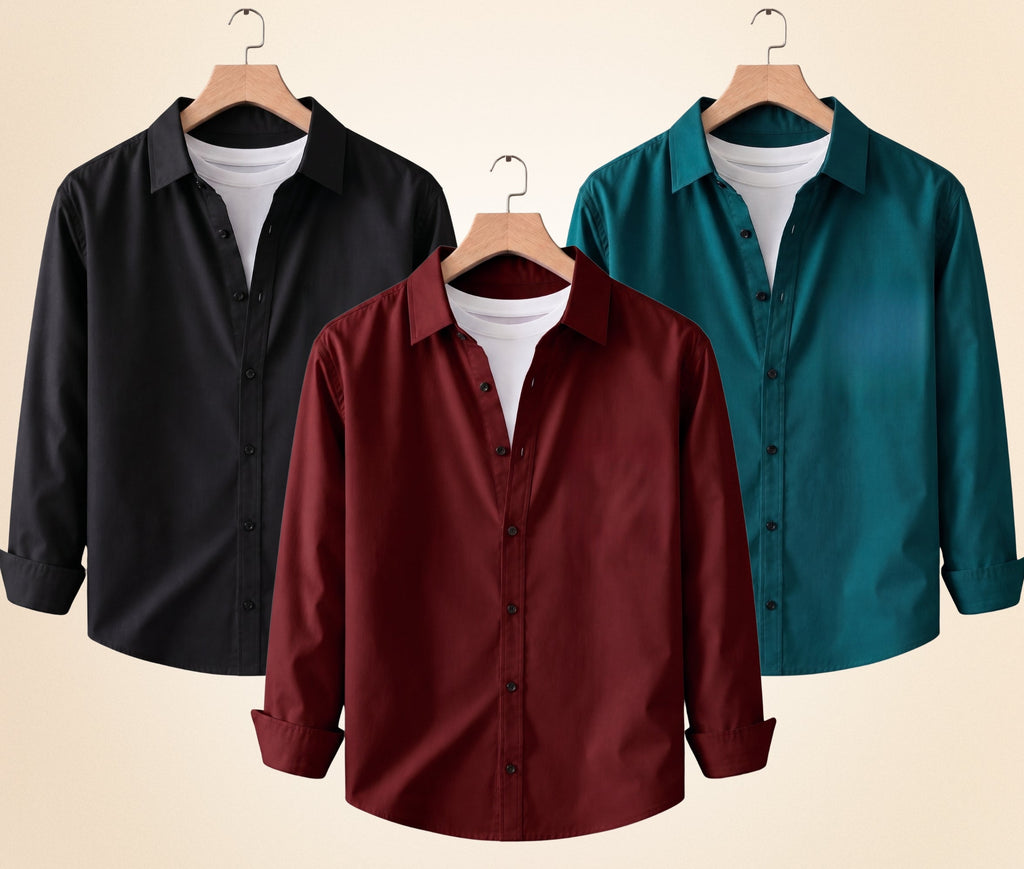 Roovam Men's Casual Shirts – Black, Burgundy and Teal Green | Pack of 3