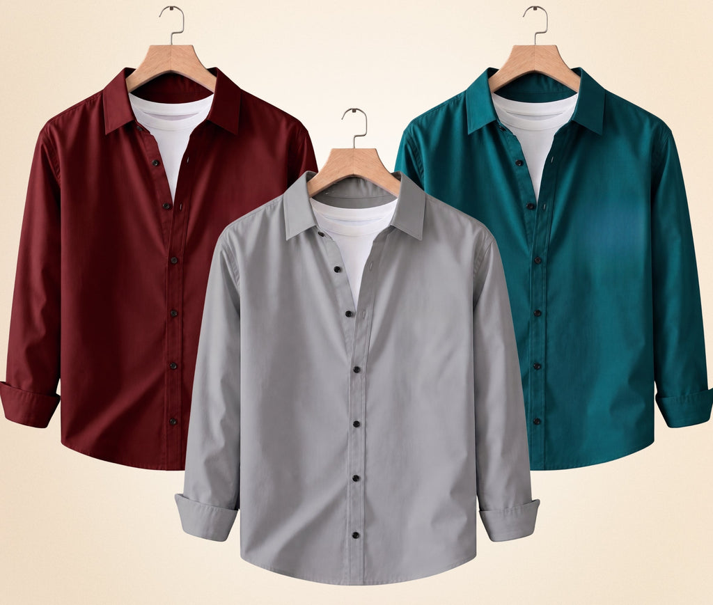 Roovam Men's Casual Shirts – Grey, Burgundy and Teal Green | Pack of 3