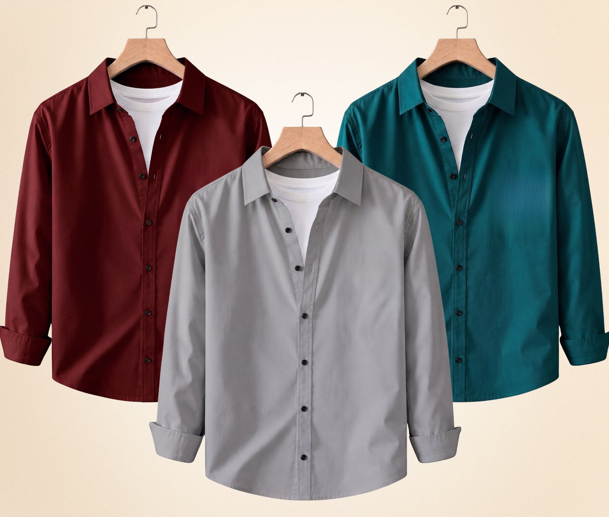 Roovam Men's Casual Shirts – Grey, Burgundy and Teal Green | Pack of 3