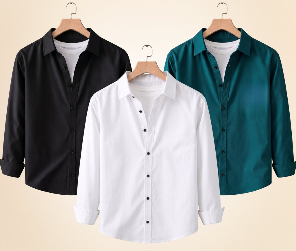 Roovam Men's Casual Shirts – Black, Teal Green and White | Pack of 3