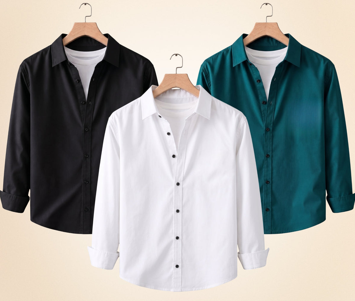 Roovam Men's Casual Shirts – Black, Teal Green and White | Pack of 3