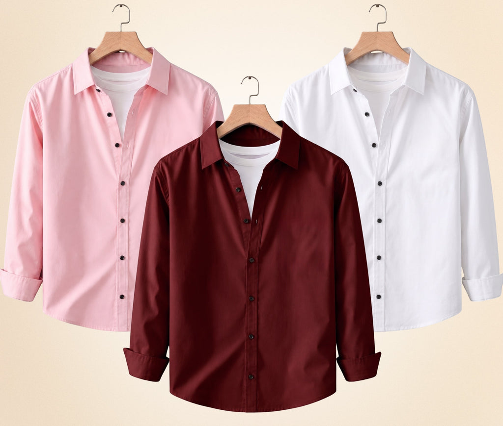 Roovam Men's Casual Shirts – Burgundy, Peach Pink and White | Pack of 3