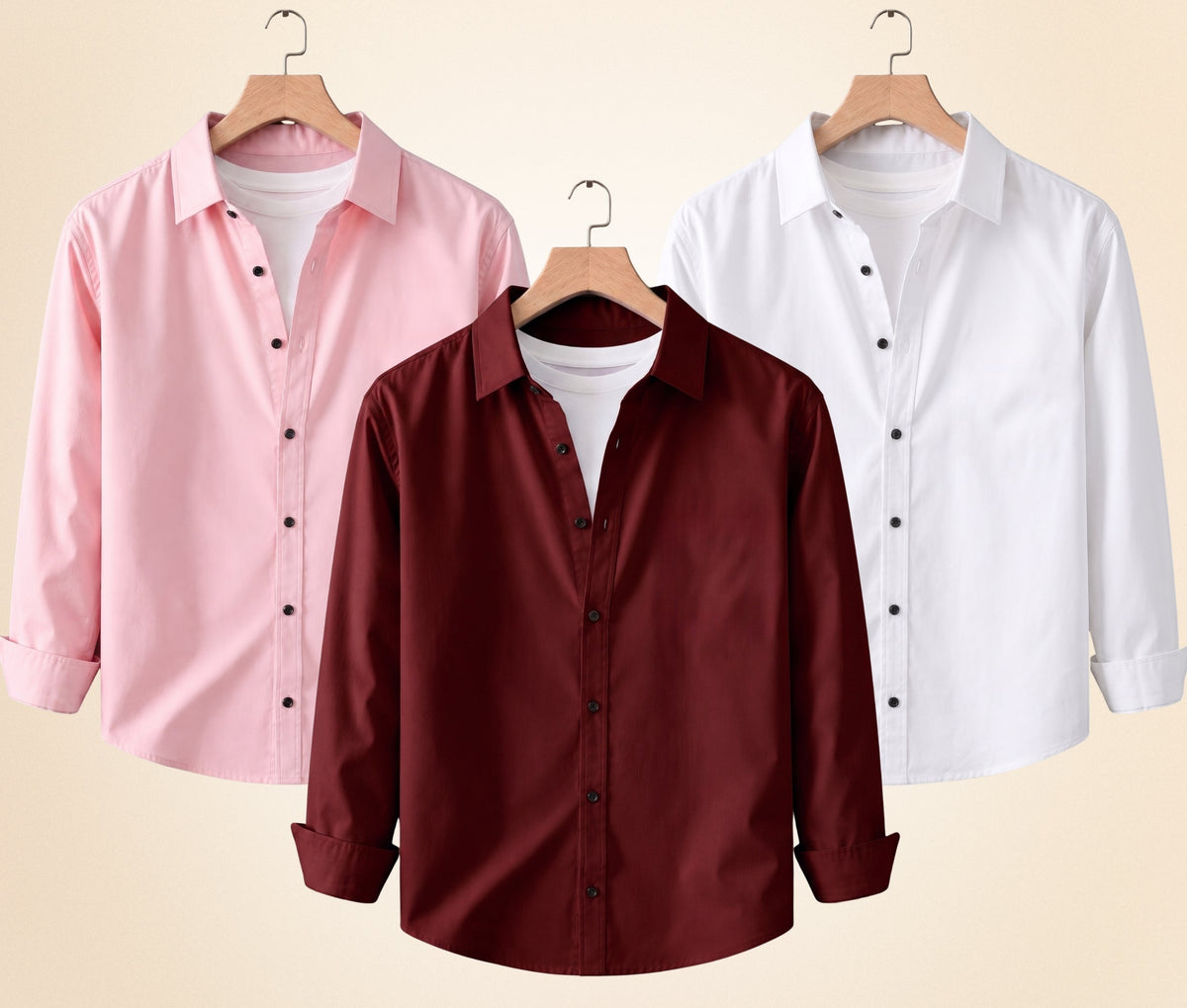 Roovam Men's Casual Shirts – Burgundy, Peach Pink and White | Pack of 3