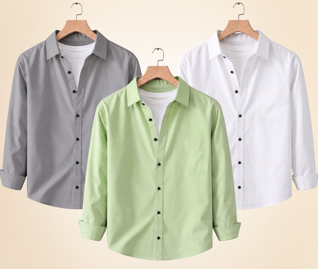 Roovam Men's Casual Shirts – Grey, Pista and White | Pack of 3