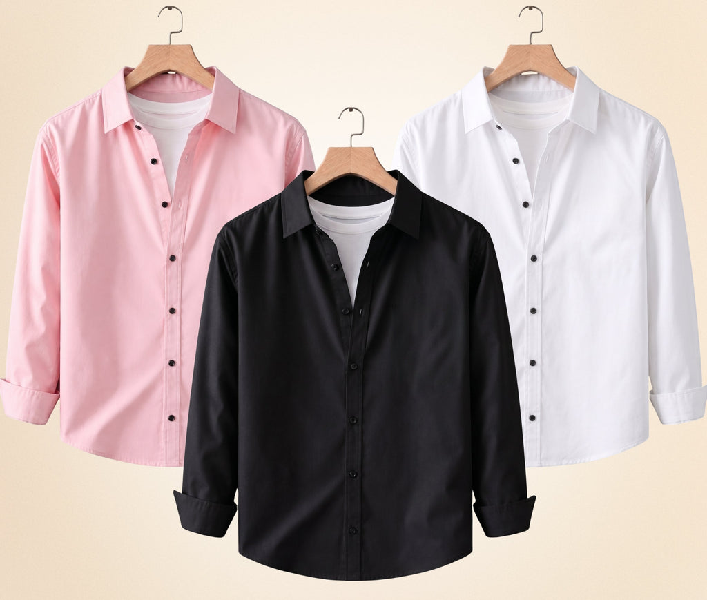 Roovam Men's Casual Shirts – Black, Peach Pink and White | Pack of 3