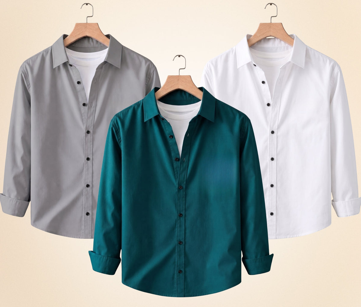 Roovam Men's Casual Shirts – Grey, Teal Green and White | Pack of 3