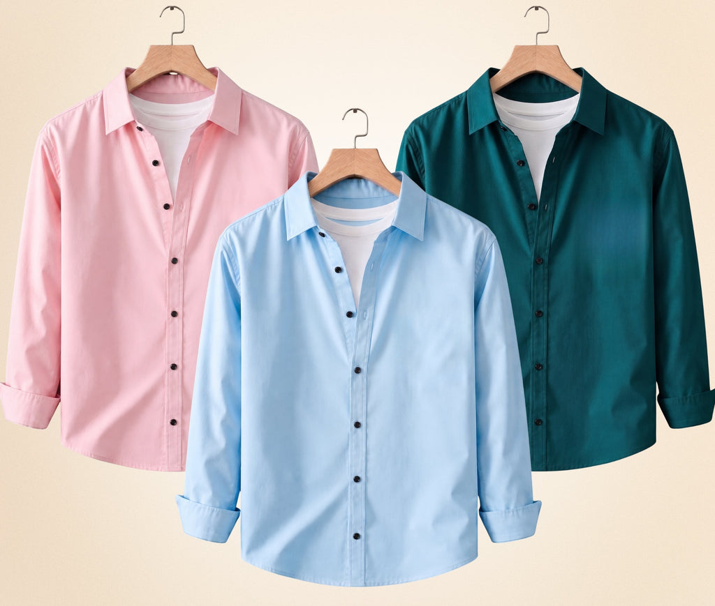 Roovam Men's Casual Shirts – Peach Pink, Sky Blue and Teal Green | Pack of 3