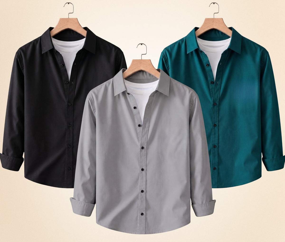 Roovam Men's Casual Shirts – Black, Grey and Teal Green | Pack of 3