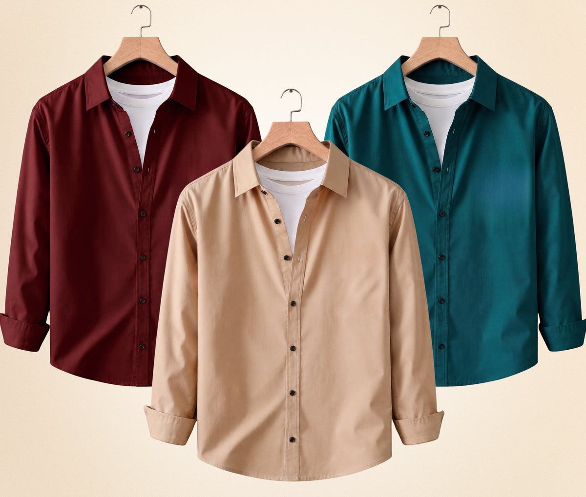 Roovam Men's Casual Shirts – Sand Beige, Burgundy and Teal Green | Pack of 3