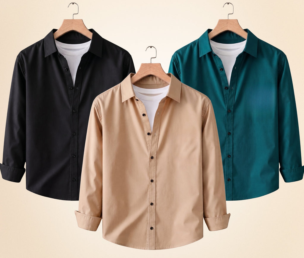 Roovam Men's Casual Shirts – Black, Sand Beige and Teal Green | Pack of 3