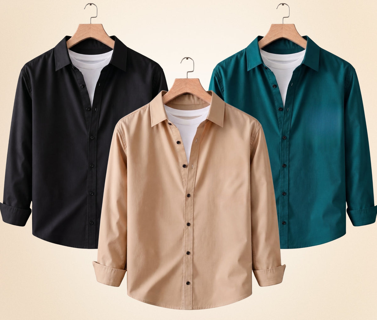 Roovam Men's Casual Shirts – Black, Sand Beige and Teal Green | Pack of 3