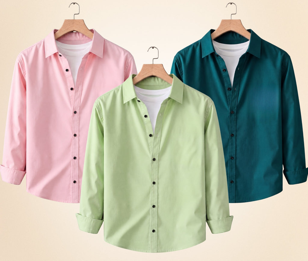 Roovam Men's Casual Shirts – Peach Pink, Pista and Teal Green | Pack of 3
