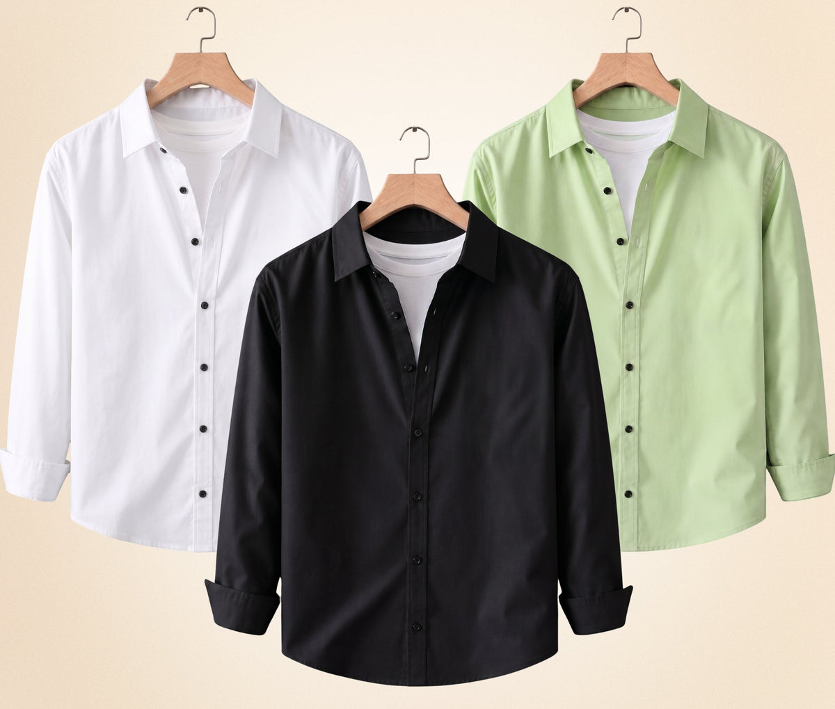 Roovam Men's Casual Shirts – Black, Pista and White | Pack of 3